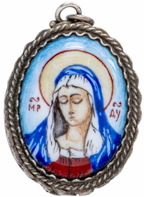 купить Кулон - локет (подвеска) с изображением Богоматери, горячая эмаль, надглазурные краски, мельхиор, Ростовская финифть, СССР, 1980-1990 гг.