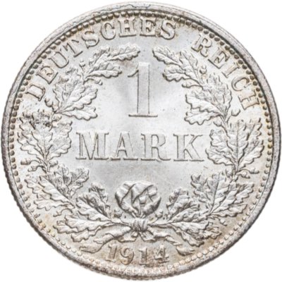 купить Германия 1 марка 1914 знак монетного двора: "F" - Штутгарт в слабе Монетник.ру MS64