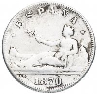 Купить Испания 2 песеты (pesetas) 1870 DE-M, период междуцарствия