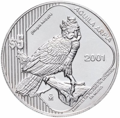 купить Мексика 5 песо 2001 (Вымирающие виды дикой природы - Венценосный орел Гарпия)