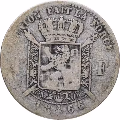 купить Бельгия 1 франк (franc) 1866 Надпись на французском - 'DES BELGES'