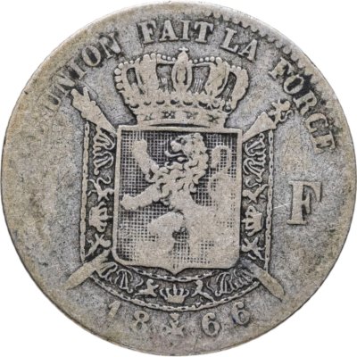 купить Бельгия 1 франк (franc) 1866 Надпись на французском - 'DES BELGES'