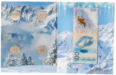 купить Набор памятных 25-рублевых монет и банкнота 100 рублей 2014 серии "Олимпиада в Сочи" в буклете
