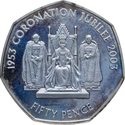 купить Остров Гернси 50 пенсов (pence) 2003 Proof 50 лет коронации Елизаветы II - на троне