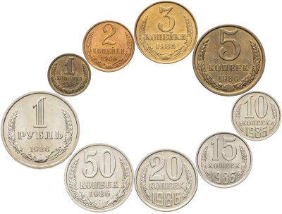 купить Полный годовой набор разменных монет 1986 года 1, 2, 3, 5, 10, 15, 20, 50 копеек и 1 рубль (9 монет)