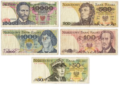 купить Польша набор из 5 банкнот 50, 100, 500, 1000, 10000 злотых 1975-1988