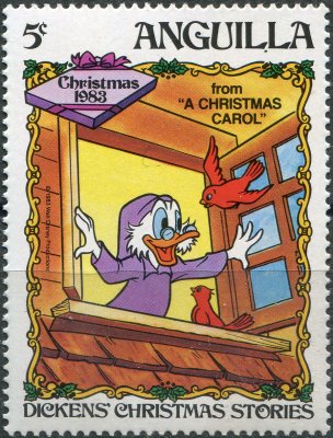 купить Ангилья Почтовая марка 1983 "Дональд Дак в роли Скруджа (из "Рождественской песни")"