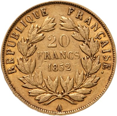 купить Франция 20 франков (francs) 1852 с портретом Императора Наполеона III