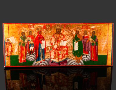 купить Икона "Царь Царей" с предстоящими святыми: Пелагеей, Ферапонтом, Архистратигом Михаилом, Богородицей, Иоанном Крестителем, Архангелом Гавриилом и Иоанном Злотоустом, дерево, темпера, золочение, Российская империя, 1820-1860 гг.