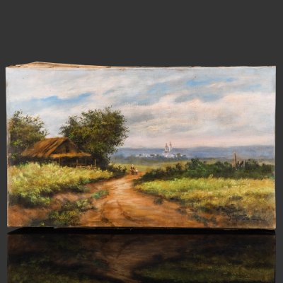 купить Картина "Сельский пейзаж с дорогой и церковью" (название условное), подпись "Рогов", холст, масло, деревянный подрамник, СССР, 1960-1990 гг.