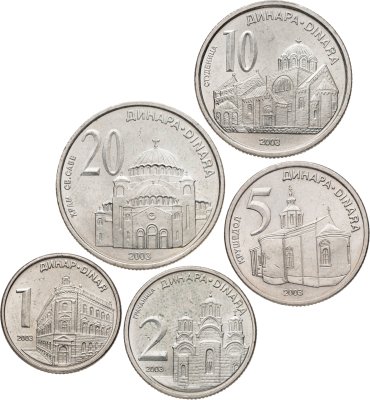 купить Сербия набор монет 1, 2, 5, 10 и 20 динаров 2003 (5 штук)