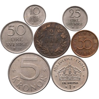 купить Швеция набор из 7 монет 2, 10, 25, 50 эре (ore) , 1, 5 крон 1858-2006