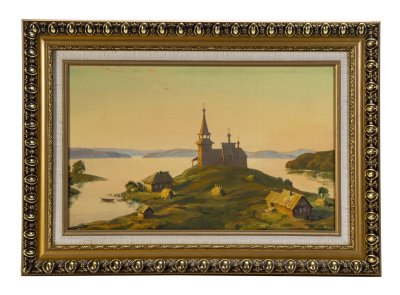 купить Картина "Северный пейзаж с церковью", неизвестный художник, холст, масло, в раме, Российская Федерация, 2000-2010 гг.