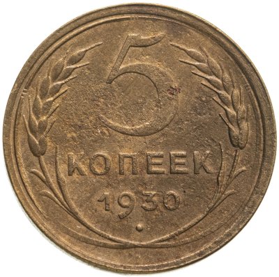 купить 5 копеек 1930 брак - скол, раскол