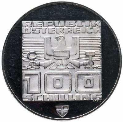 купить Австрия 100 шиллингов (schilling) 1975 Proof "XII зимние Олимпийские Игры, Инсбрук 1976 - Здание ратуши и олимпийские кольца"
