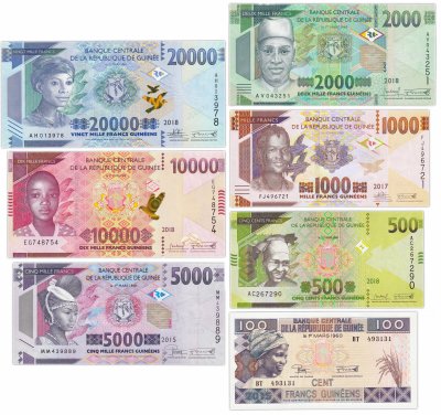 купить Гвинея - полный набор 7 банкнот - 100, 500,1000, 2000, 5000, 10000, 20000 франков 1998 - 2018 год