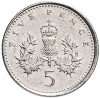 Купить Великобритания 5 пенсов (pence) 1998-2008 королева пожилая