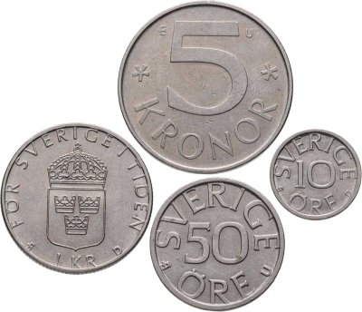 купить Швеция набор из 4 монет 10, 50 эре (ore) , 1, 5 крон 1978-1990