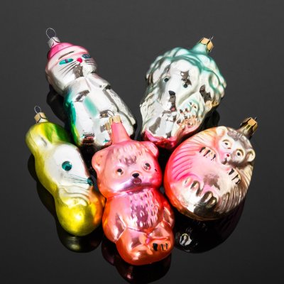 купить Набор елочных игрушек "Животные" 5 шт. (мышка, медвежонок, еж, кот, барашек), стекло, металл, СССР, 1950-1970 гг.