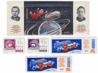 купить Полная серия 1965 "Полет советских космонавтов П.И. Беляева и А.А. Леонова на корабле "Восход-2"" (4 марки и Почтовый блок)