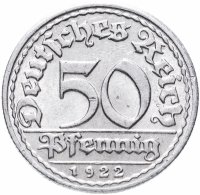 Купить Германия (Веймарская республика) 50 пфеннигов (pfennig) 1922 "D"