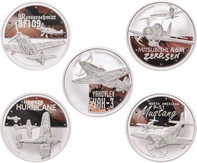 купить Тувалу 1 доллар 2008 Proof набор из 5 монет «Самолёты второй мировой войны - истребители авиации» в подарочном футляре, с сертификатом