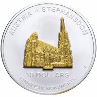 Купить Науру 10 долларов (dollars) 2005 Proof "Собор Святого Стефана в Вене, Австрия" монета-трансформер с позолотой