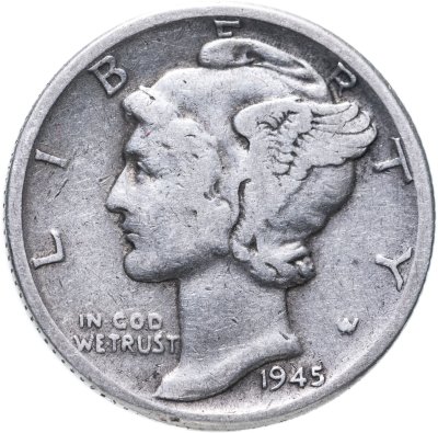 купить 10 центов (дайм, one dime) 1945 Mercury Dime (дайм «Меркурий») без обозначения монетного двора