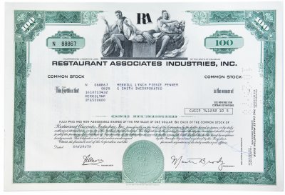 купить Акция США RESTAURANT ASSOCIATES INDUSTRIES, INC. 1971-1978 гг.