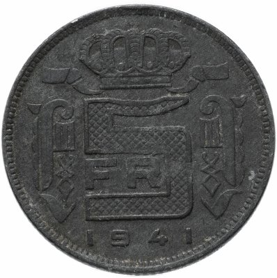 купить Бельгия 5 франков (francs) 1941 Надпись на французском - 'DES BELGES'