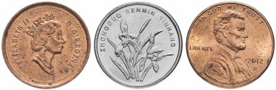 купить Набор из 3 монет - 1 цент США, 1 цзяо Китая, 1 цент Канады 1953-2020, случайная дата, разные виды