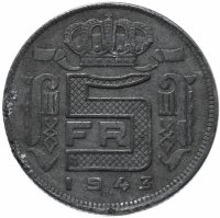 Купить Бельгия 5 франков (francs) 1943 Надпись на французском - 'DES BELGES'