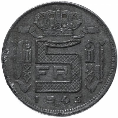 купить Бельгия 5 франков (francs) 1943 Надпись на французском - 'DES BELGES'