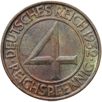 купить Германия 4 рейхспфеннига (reichspfennig) "D" 1932