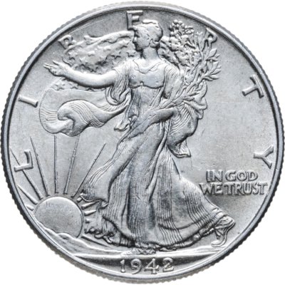 купить США 50 центов (1/2 доллара, half dollar) 1942 Walking Liberty Half Dollar, без отметки монетного двора