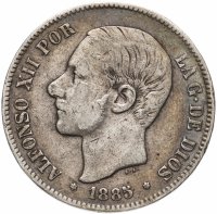 купить Испания 5 песет (pesetas) 1885 год 18 и 87 внутри звёзд; отметка монетного двора: "MS M" - M.Morejon, P.Sala