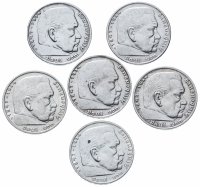 купить Германия, Третий рейх полный набор 5 рейхсмарок 1938 A, D, E, F, G, J (все монетные дворы)