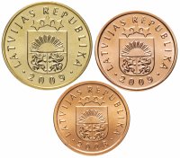 Купить Латвия набор 1,2,5 сантимов для обращения 2008-2009 (3 штуки, UNC)