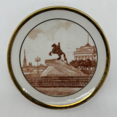 купить Тарелка настенная (миниатюрная) "Медный всадник", фарфор, деколь, золочение, Ленинградский фарфоровый завод (ЛФЗ), СССР, 1950-1960 гг.