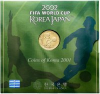 Купить Южная Корея набор монет 2001 "Чемпионат мира по футболу 2002- Корея/Япония" (6 монет и жетон в буклете-подставке)