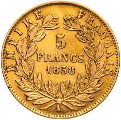 купить Франция 5 франков (francs) 1858, знак монетного двора: "A" - Париж