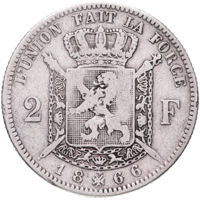 купить Бельгия 2 франка (francs) 1866 с крестом на короне
