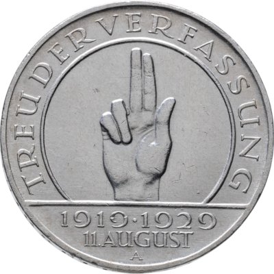 купить Германия 3 рейхсмарки (reichsmark) 1929 A 10 лет Веймарской конституции знак монетного двора "A" — Берлин