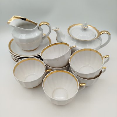 купить Сервиз чайный "Золотая лента" на 6 персоны (14 предметов), фарфор, золочение, Дмитровский фарфоровый завод (ДФЗ Вербилки), СССР, 1965-1991 гг.