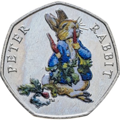 купить Великобритания 50 пенсов (pence) 2018 "150 лет со дня рождения Беатрис Поттер, Кролик Питер", цветное покрытие