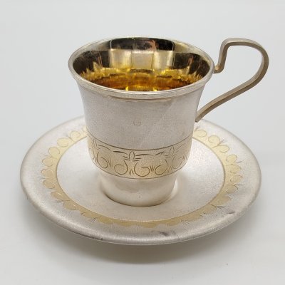 купить Пара кофейная с орнаментальным декором, мельхиор (медь-никель), гравировка, золочение, Мстерский завод художественных изделий «Ювелир», СССР, 1979 г.