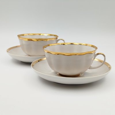 купить Набор из 2-х чайных пар с лакончиным декором, фарфор, золочение, Дулевский фарфоровый завод (Дулёво), СССР, 1989 г.