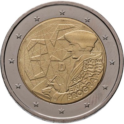 купить Германия 2 евро (euro) 2022 "35 лет программы Erasmus", знак монетного двора "D" - Мюнхен