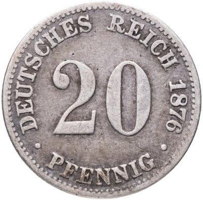 купить Германская империя 20 пфеннигов (pfennig) 1876, знак монетного двора: "G" - Карлсруэ