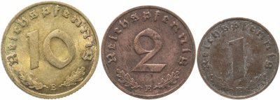купить Германия, Третий Рейх, набор из 3 монет 1, 2 и 10 рейхспфеннигов 1936-1940, случайный год